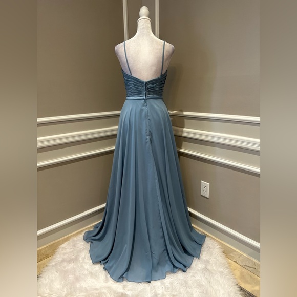 Brideside Cher dusty blue women’s chiffon spaghetti strap formal evening dress - Picture 9 of 16